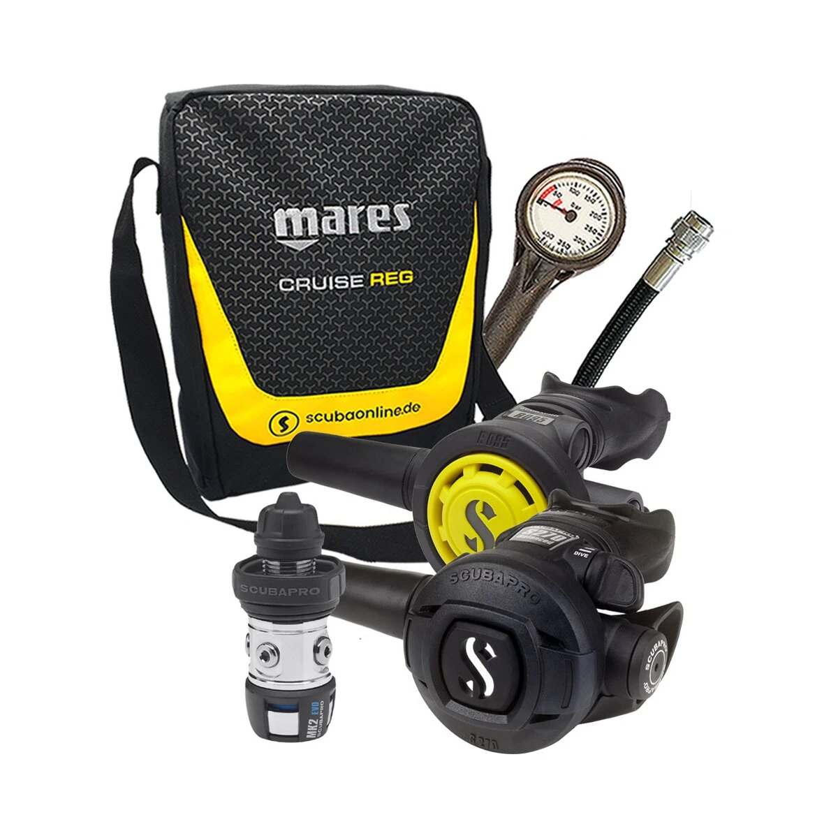 Atemregler Komplettset MK2 EVO DIN / S270 / R095 / Atemreglertasche / Finimeter / Inflatorschlauch 3 Atemregler Komplettset MK2 EVO DIN / S270 / R095 / Atemreglertasche / Finimeter / Inflatorschlauch